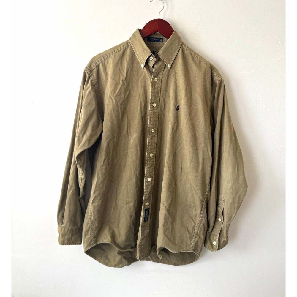 Ralph Lauren Blaire Mens M Beige Twill Cotton Polo Pony Button-Down Shirt